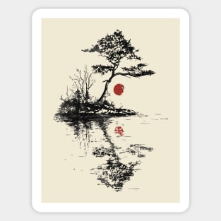 Tranquil Tree with Red Suns – Zen Nature Art Sticker